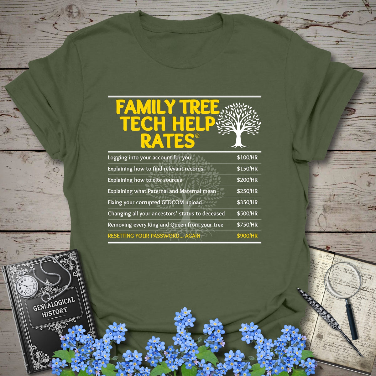 Family Tree Tech Help Rates T-Shirt - Genealogy Keepsakes Custom Genealogy Gift - Military Green S
