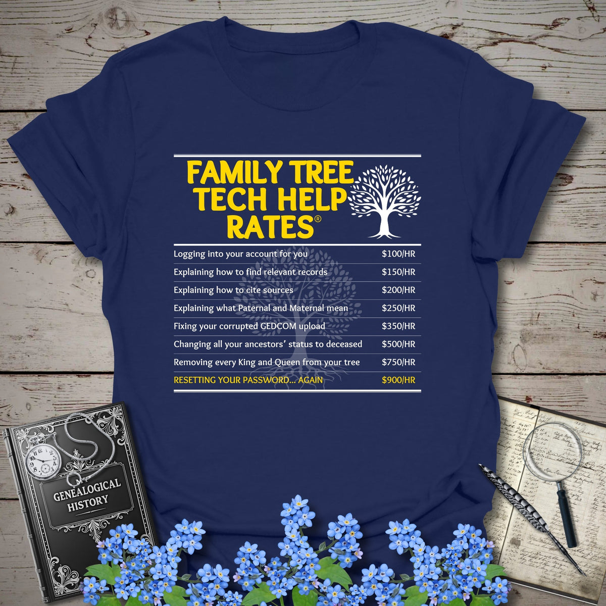 Family Tree Tech Help Rates T-Shirt - Genealogy Keepsakes Custom Genealogy Gift - Navy S