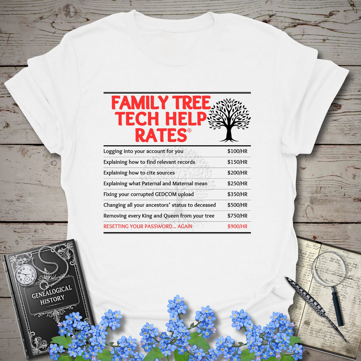 Family Tree Tech Help Rates T-Shirt - Genealogy Keepsakes Custom Genealogy Gift - White S