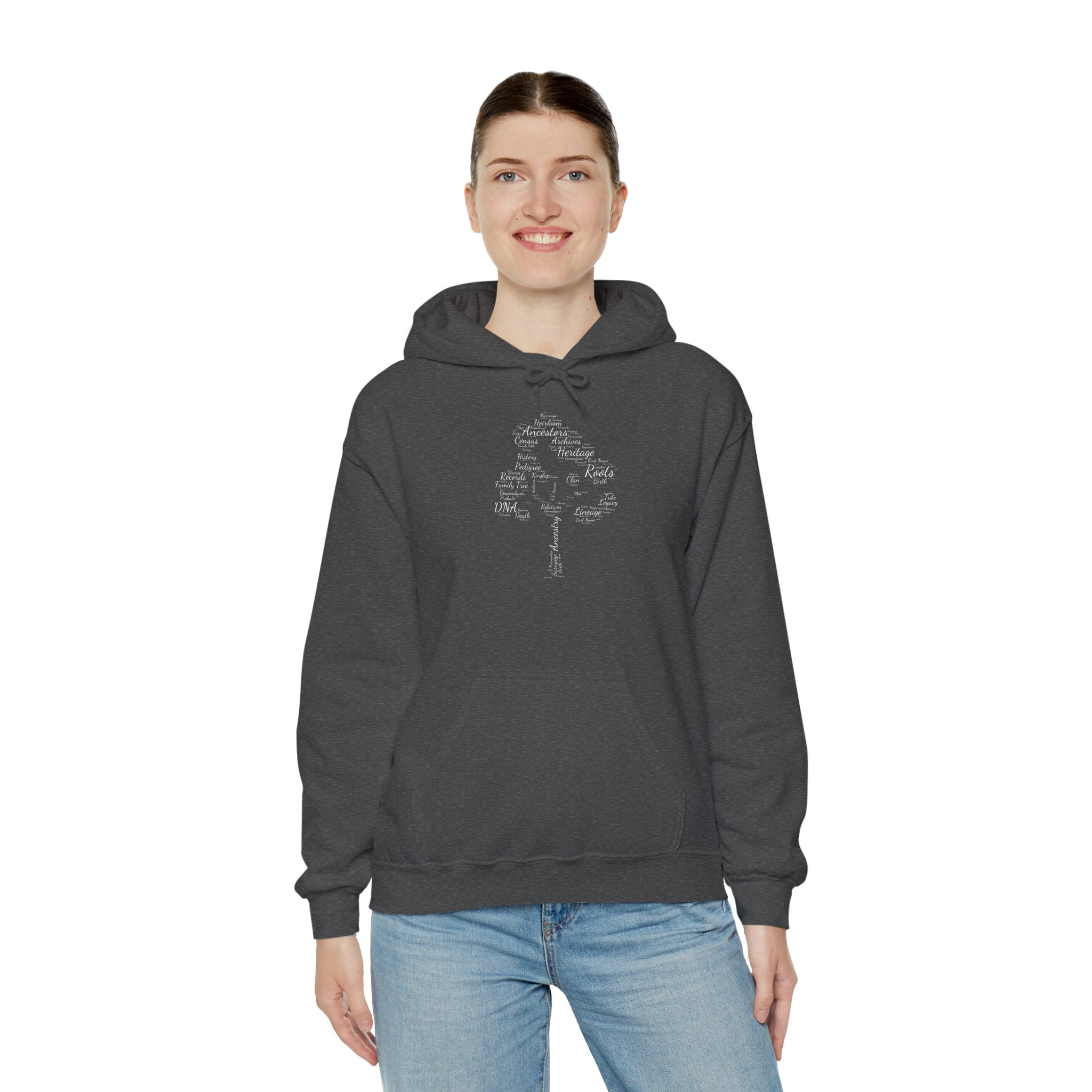 Family Tree Word Cloud Hoodie in Dark Heather by Genealogy Keepsakes