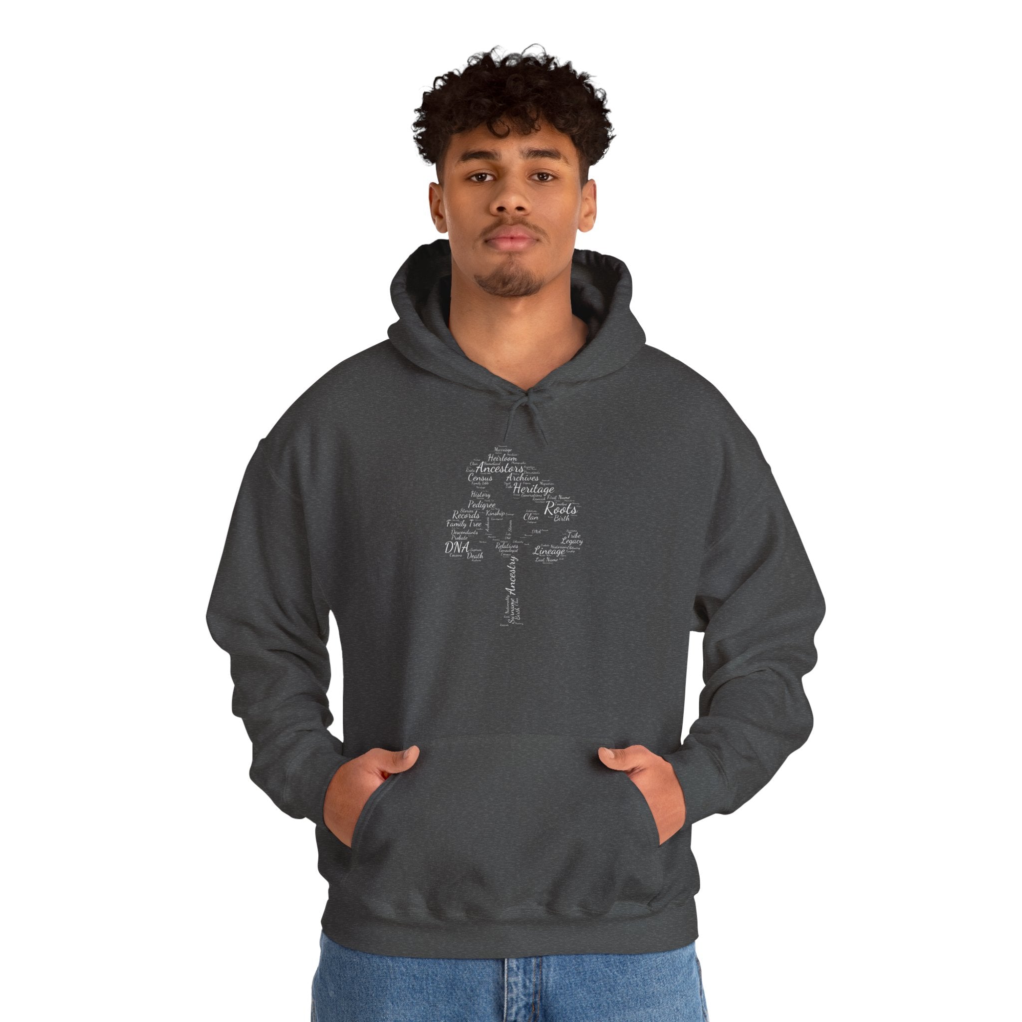 Family Tree Word Cloud Hoodie in Dark Heather by Genealogy Keepsakes