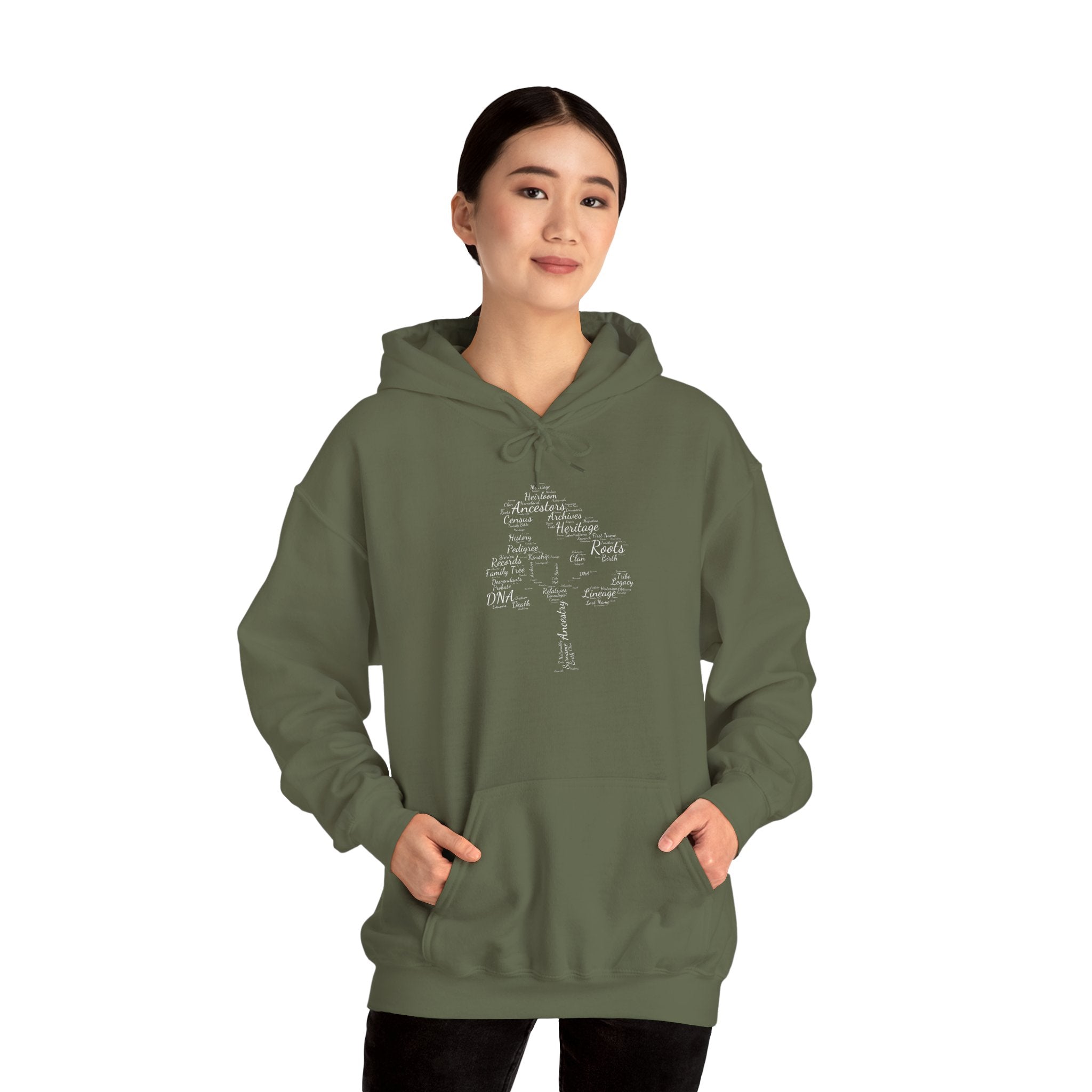 Family Tree Word Cloud Hoodie in Military Green by Genealogy Keepsakes