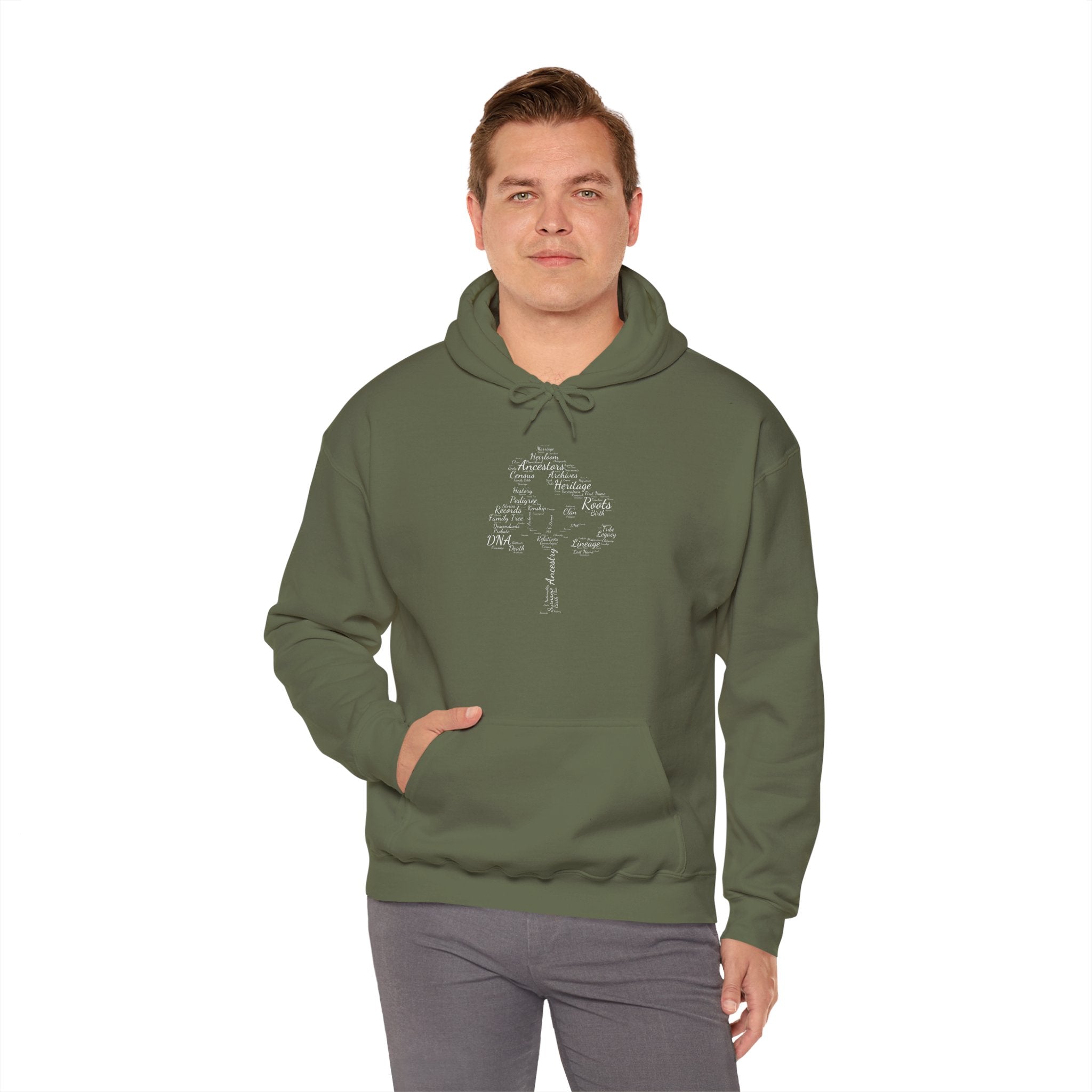 Family Tree Word Cloud Hoodie in Military Green by Genealogy Keepsakes