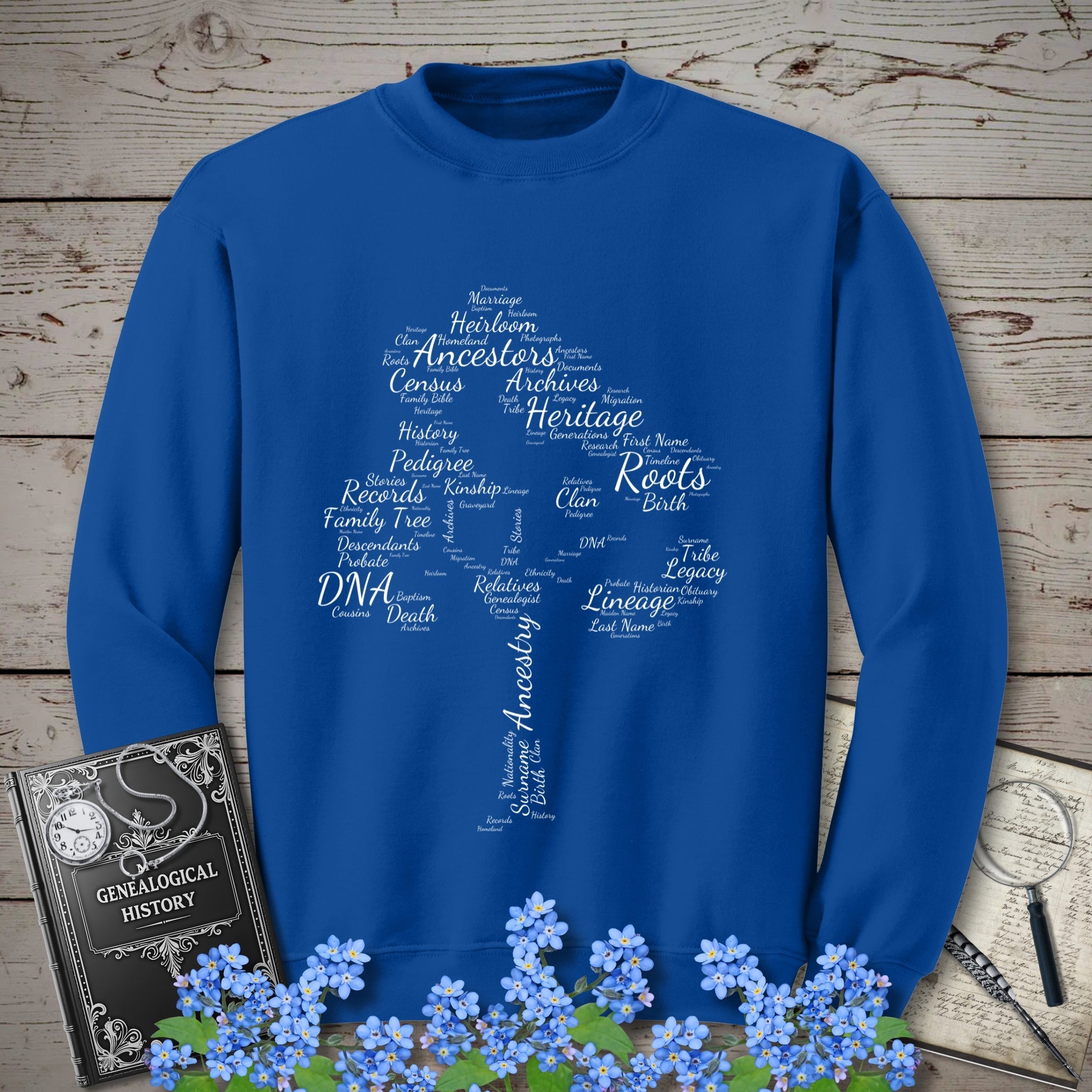 Family Tree Word Cloud Sweatshirt in Royal by Genealogy Keepsakes
