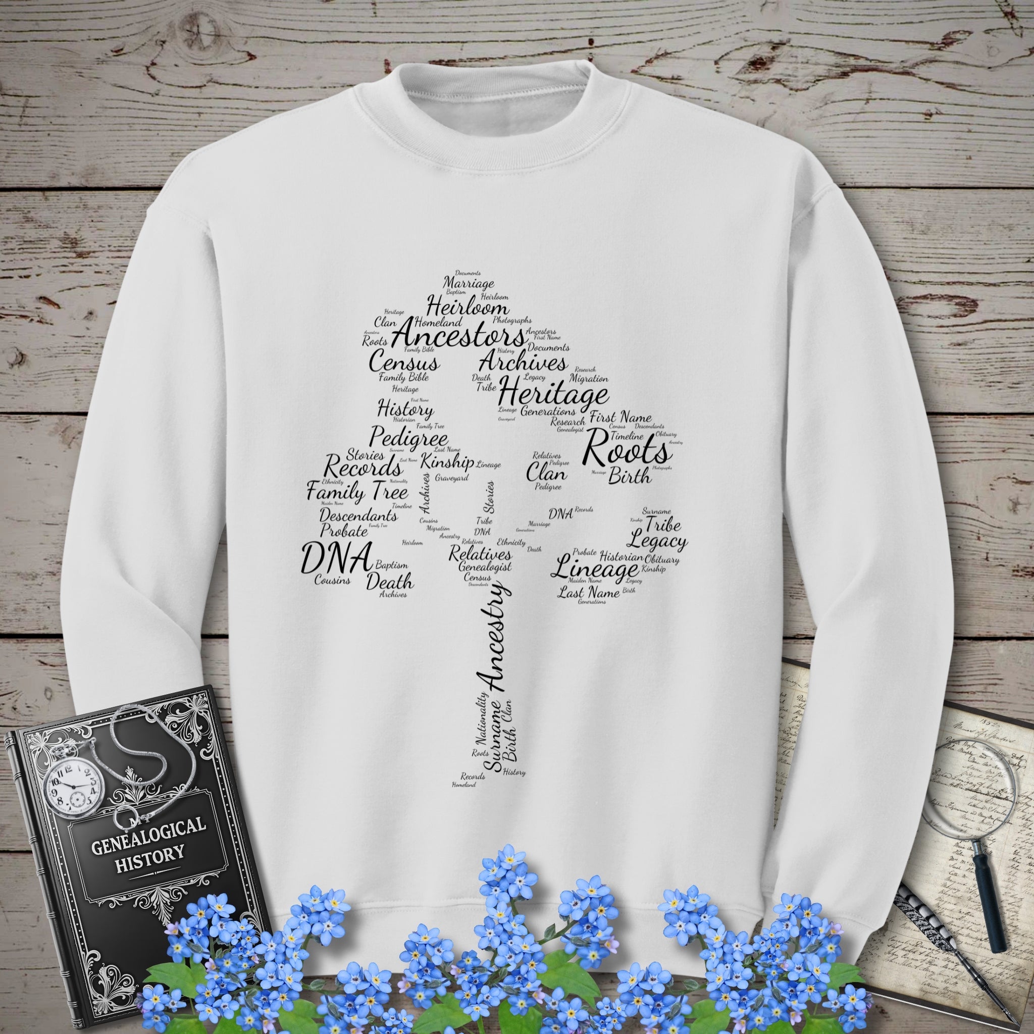 Family Tree Word Cloud Sweatshirt in White by Genealogy Keepsakes