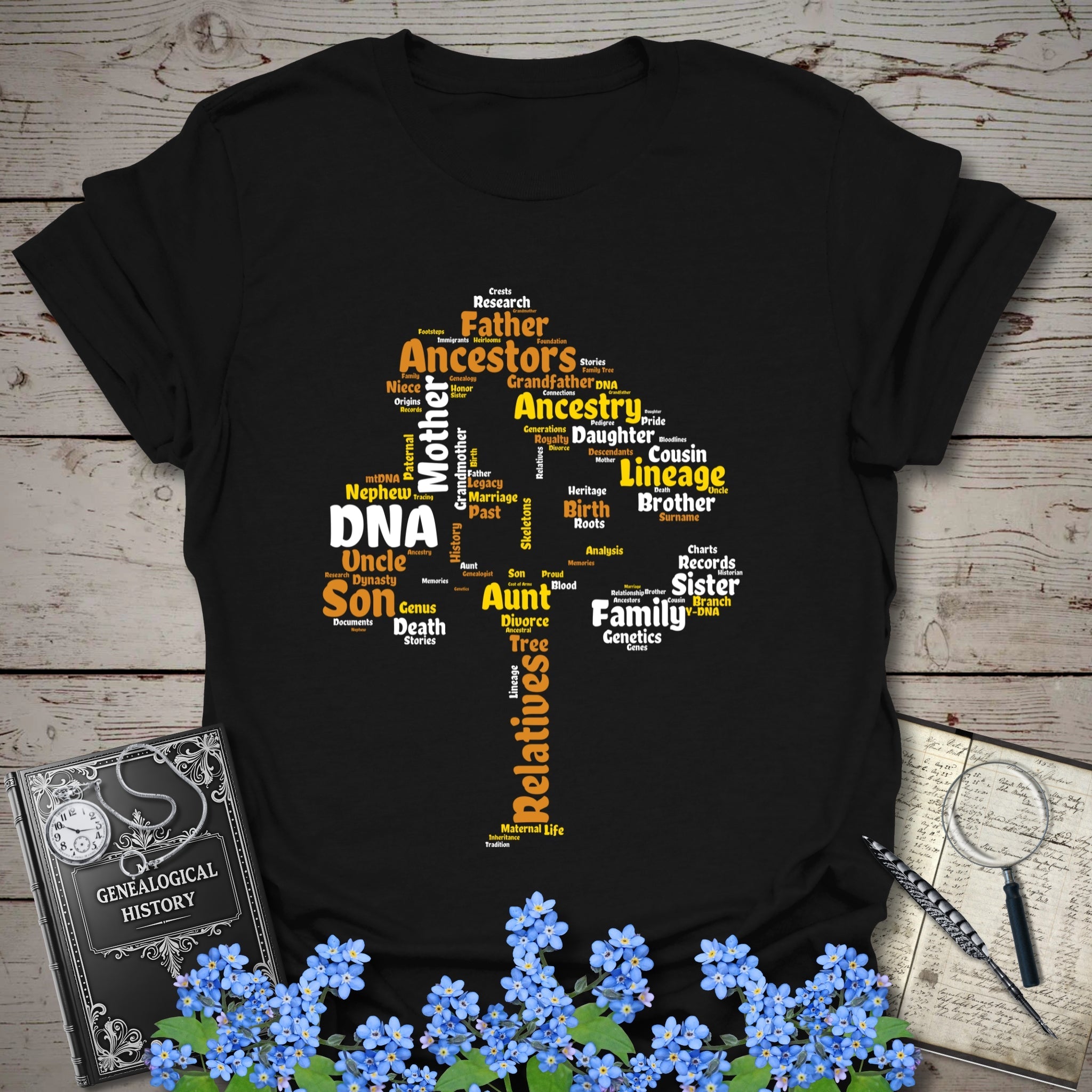 Family Tree Word Cloud T-Shirt in Black by Genealogy Keepsakes