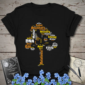 Family Tree Word Cloud T-Shirt in Black by Genealogy Keepsakes