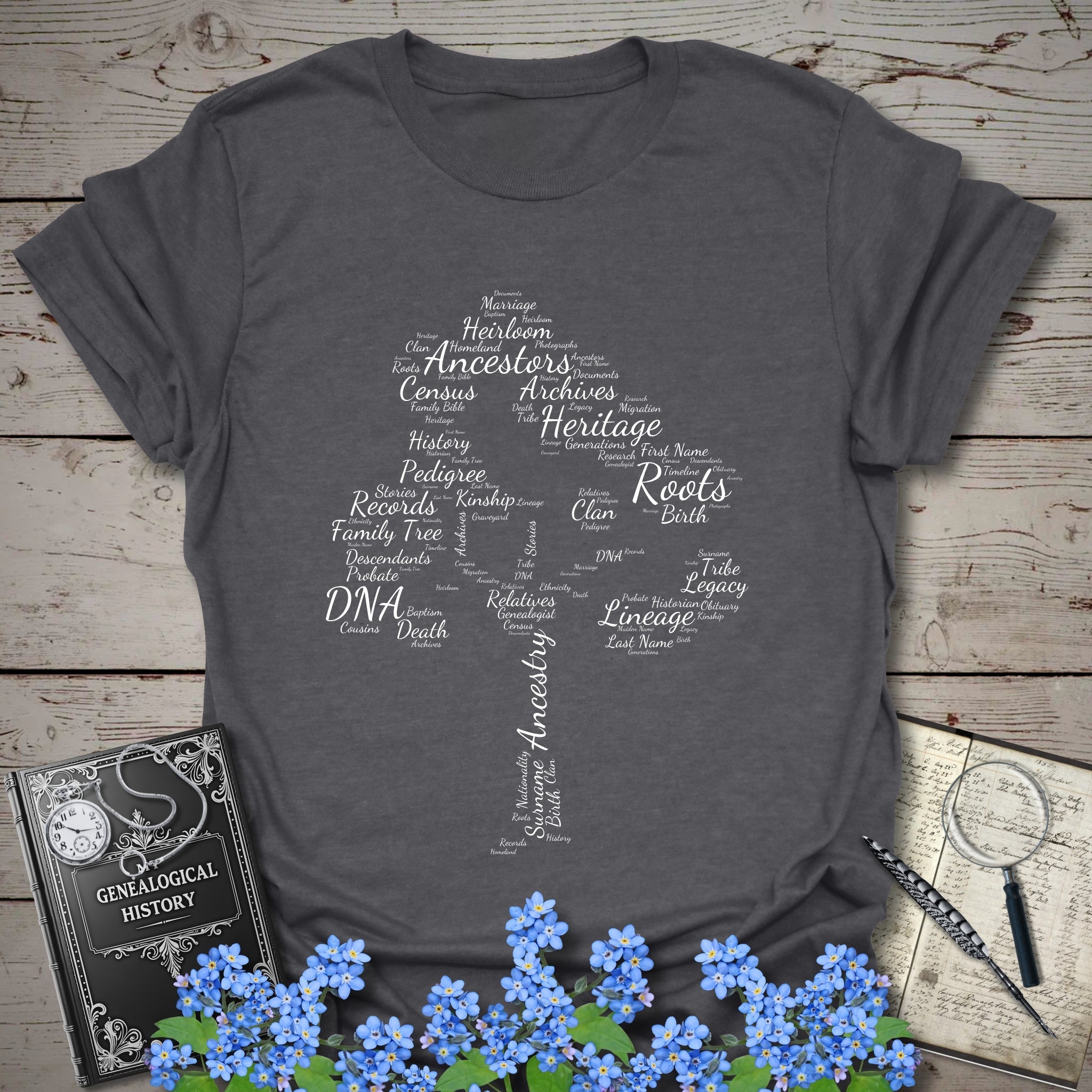 Family Tree Word Cloud T-Shirt in Dark Heather Grey by Genealogy Keepsakes