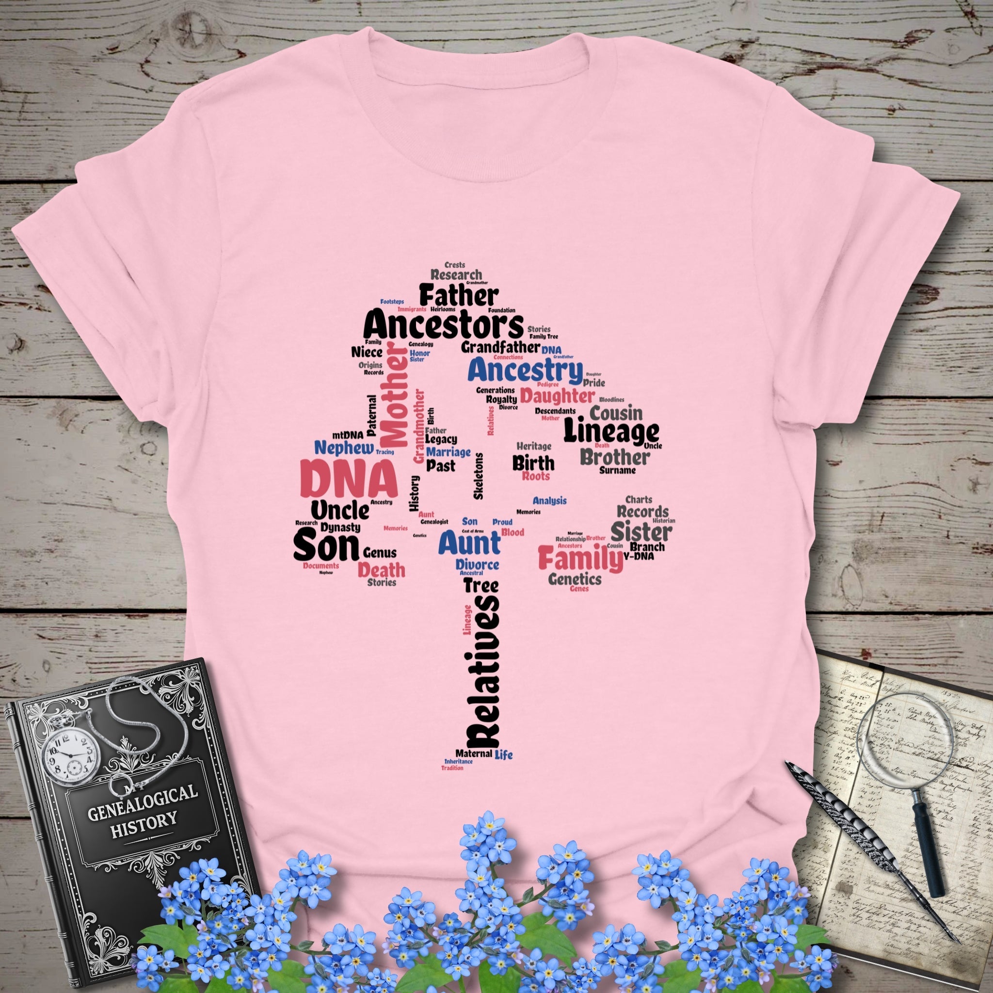 Family Tree Word Cloud T-Shirt in Light Pink by Genealogy Keepsakes