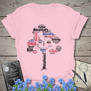 Family Tree Word Cloud T-Shirt in Light Pink by Genealogy Keepsakes