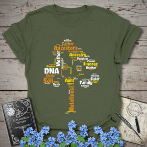 Family Tree Word Cloud T-Shirt in Military Green by Genealogy Keepsakes