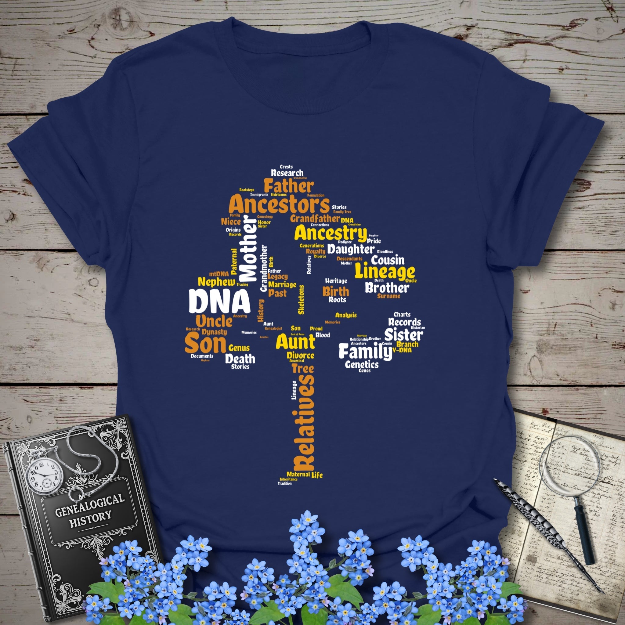 Family Tree Word Cloud T-Shirt in Navy by Genealogy Keepsakes