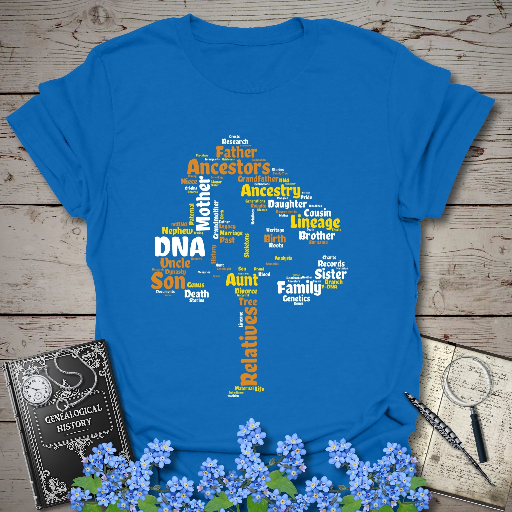 Family Tree Word Cloud T-Shirt in Royal by Genealogy Keepsakes