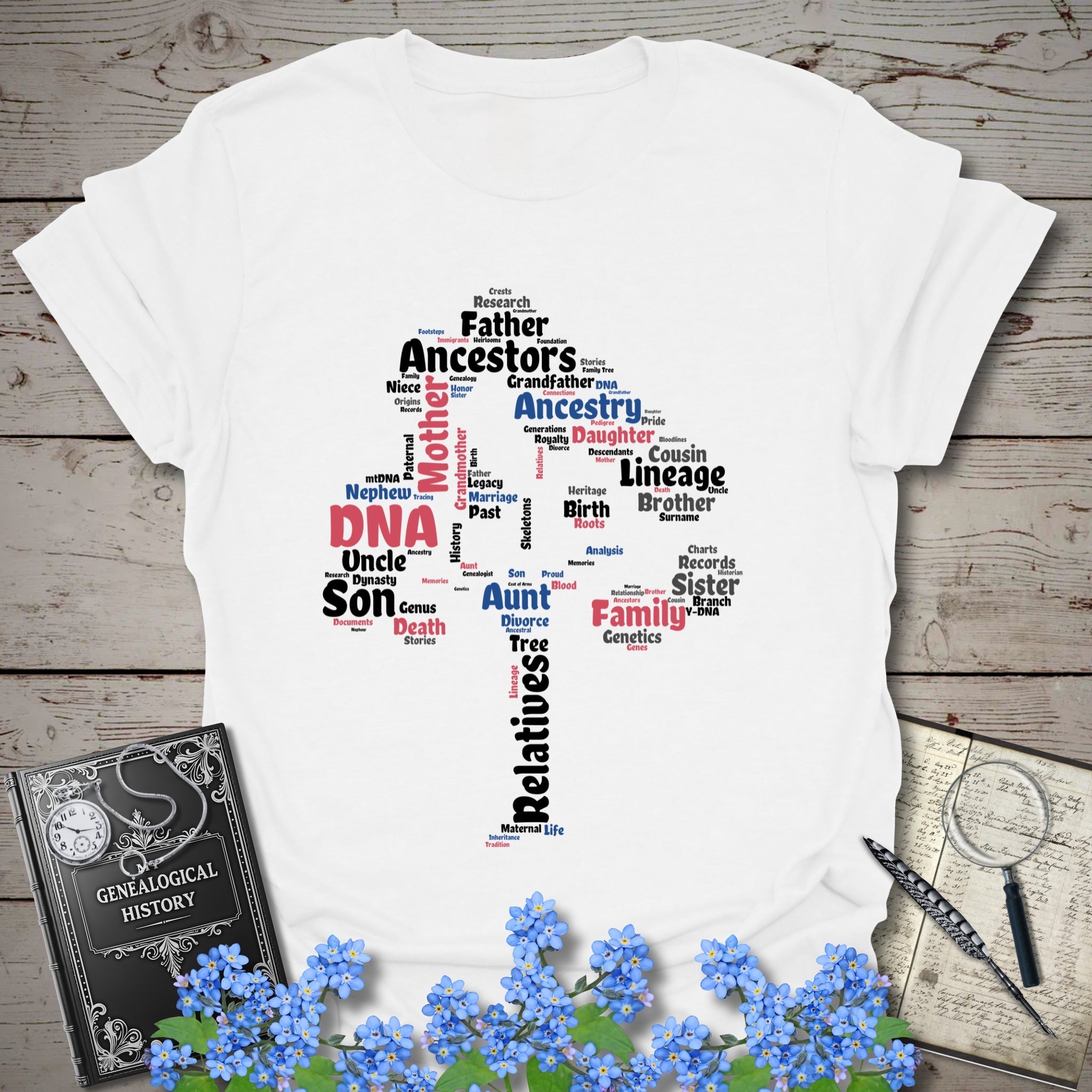 Family Tree Word Cloud T-Shirt in White by Genealogy Keepsakes