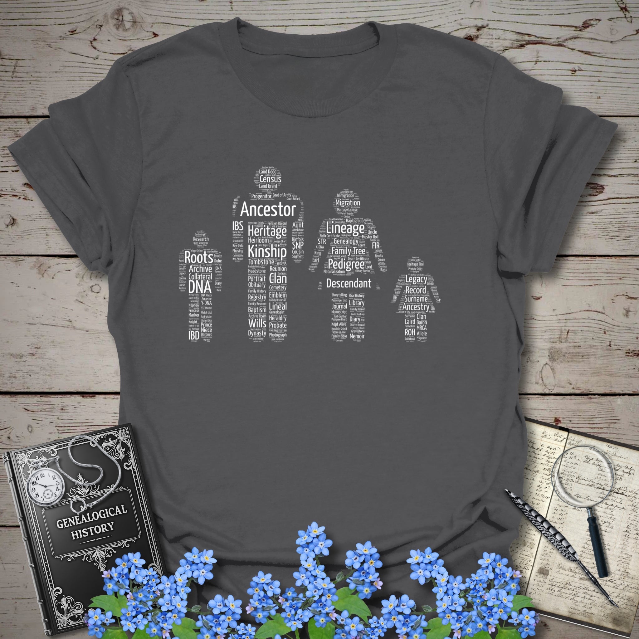 Family Word Cloud T-Shirt in Charcoal by Genealogy Keepsakes
