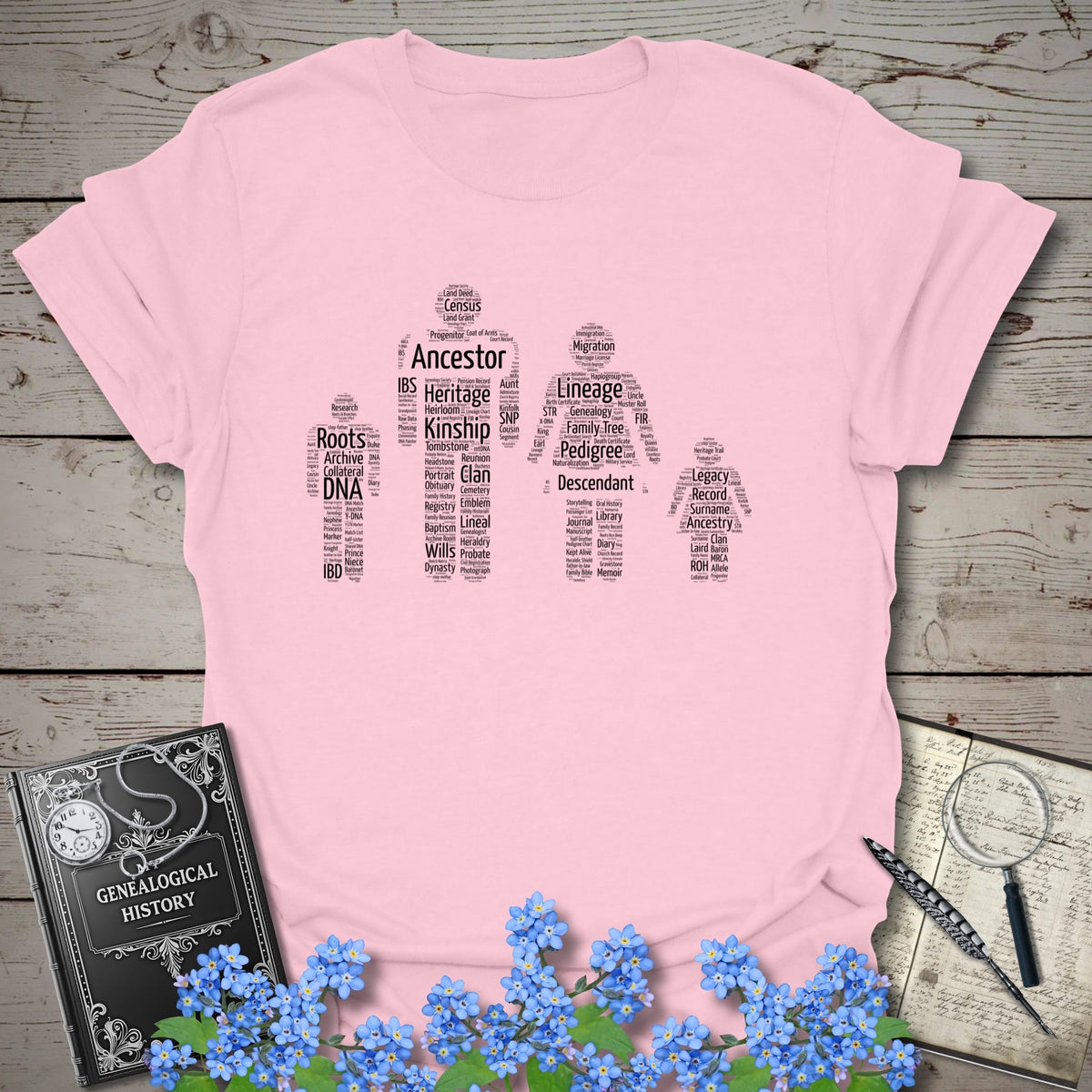 Family Word Cloud T-Shirt - Genealogy Keepsakes Custom Genealogy Gift - Light Pink S