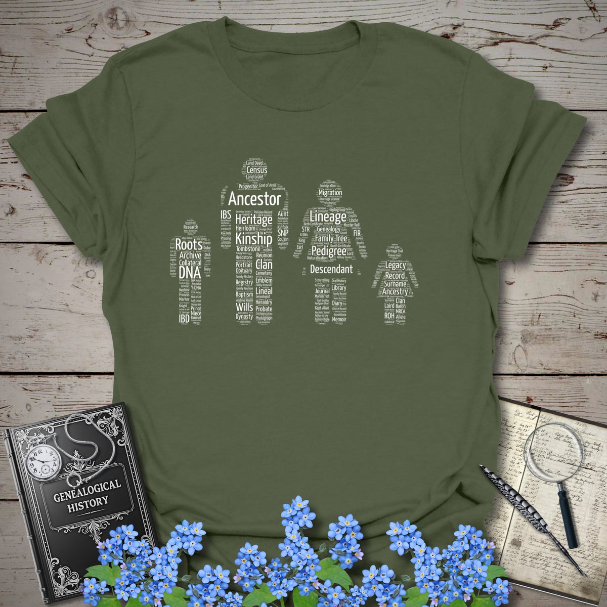 Family Word Cloud T-Shirt - Genealogy Keepsakes Custom Genealogy Gift - Military Green S
