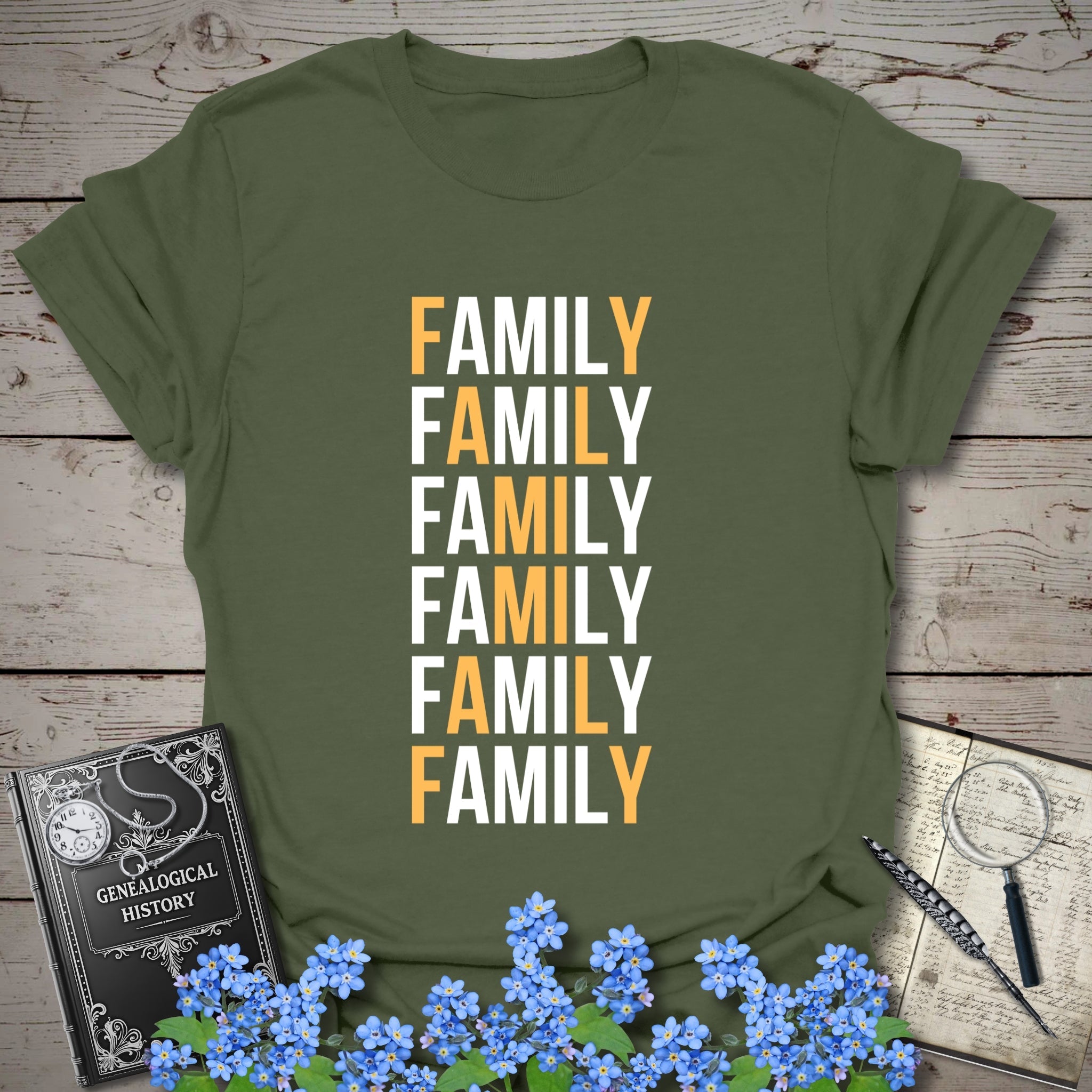 Family X T-Shirt in Military Green by Genealogy Keepsakes
