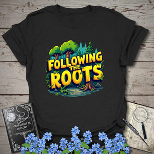 Following The Roots T-Shirt in Black by Genealogy Keepsakes