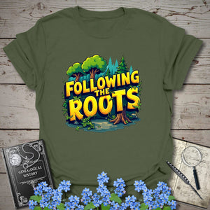 Following The Roots T-Shirt in Military Green by Genealogy Keepsakes