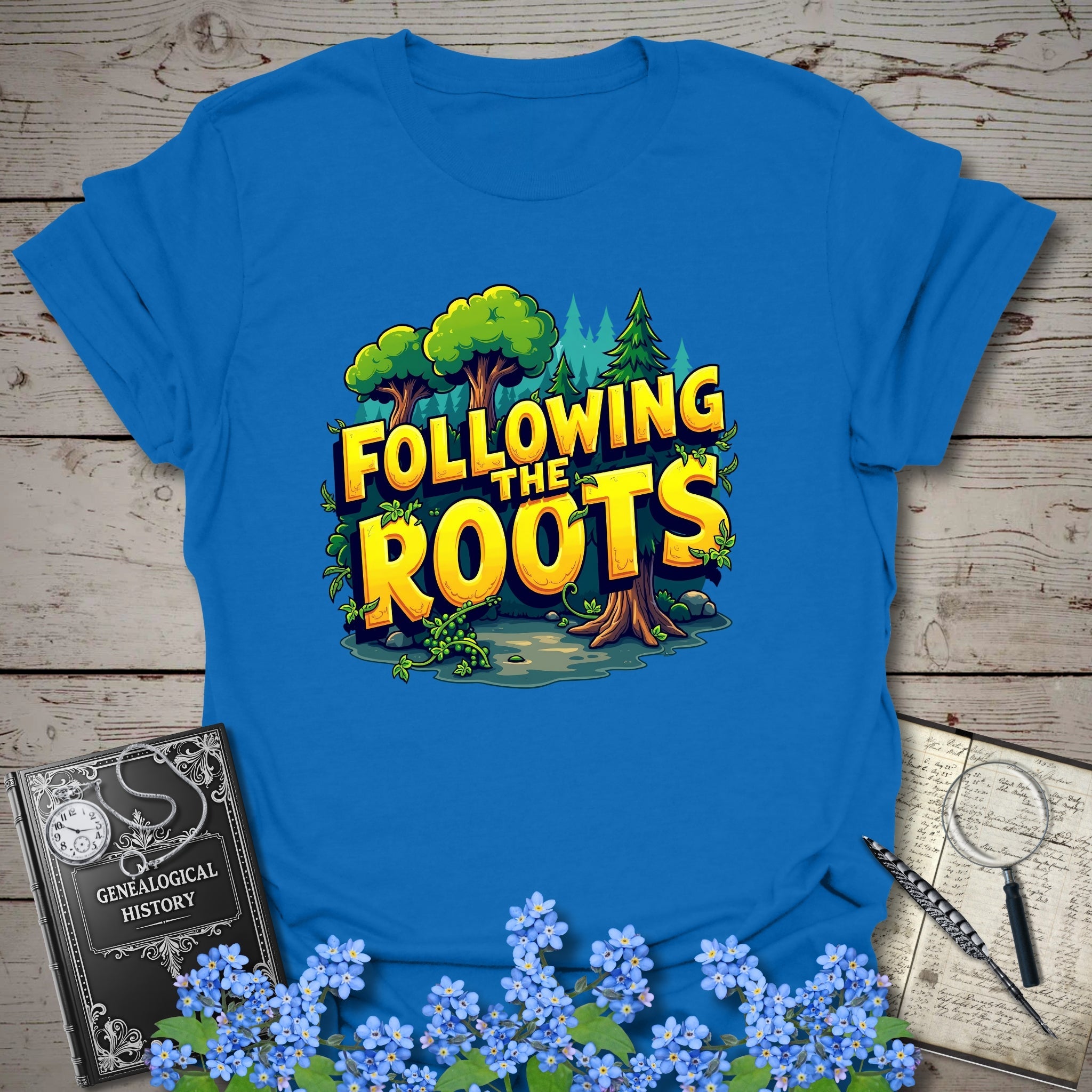 Following The Roots T-Shirt in Royal by Genealogy Keepsakes