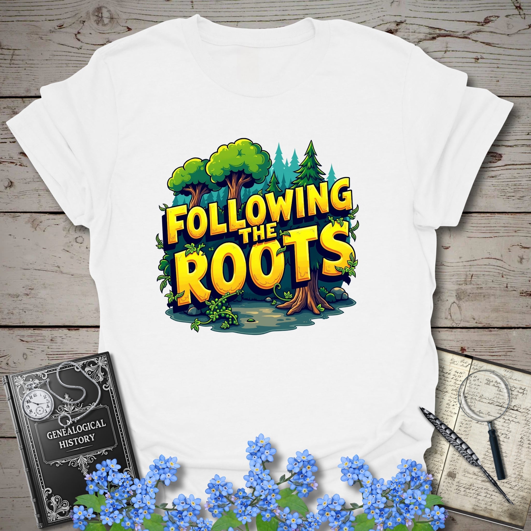 Following The Roots T-Shirt in White by Genealogy Keepsakes