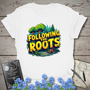 Following The Roots T-Shirt in White by Genealogy Keepsakes