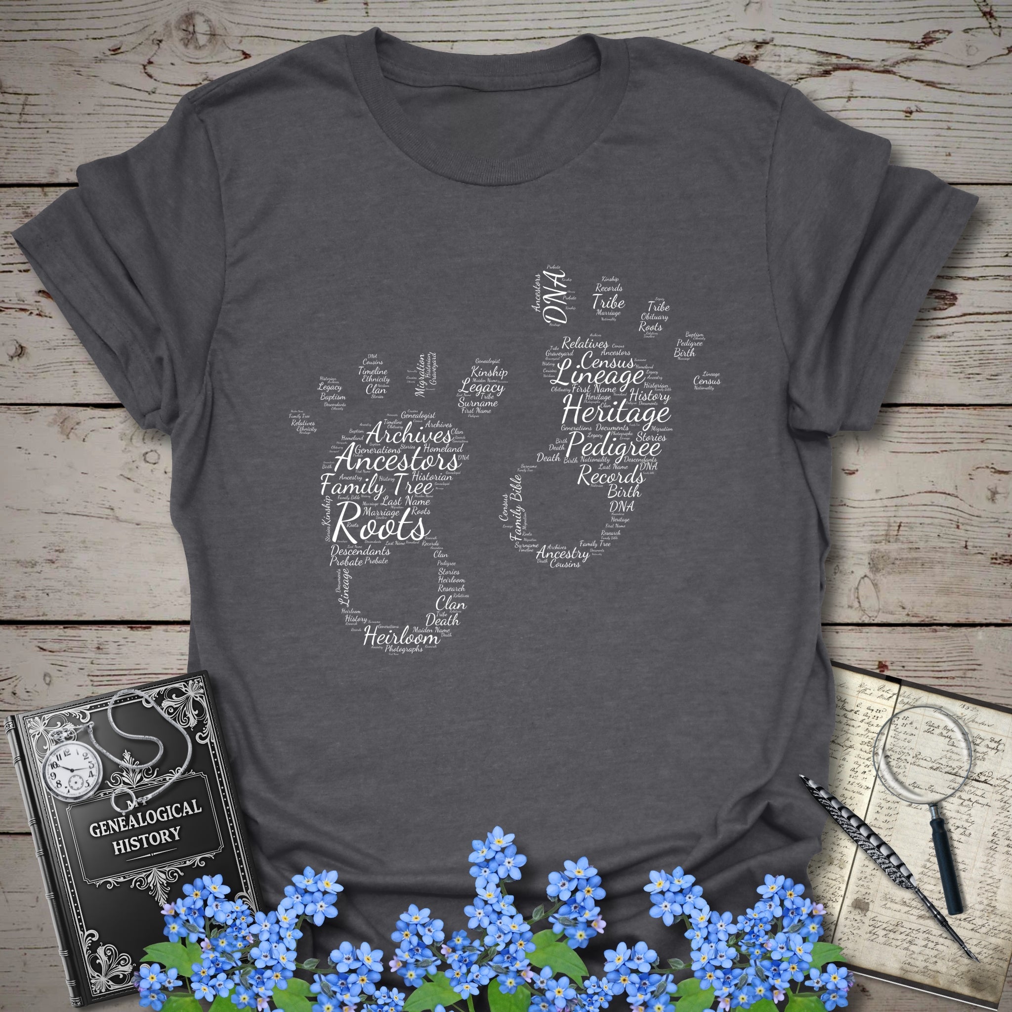 Footprints Word Cloud T-Shirt in Charcoal by Genealogy Keepsakes