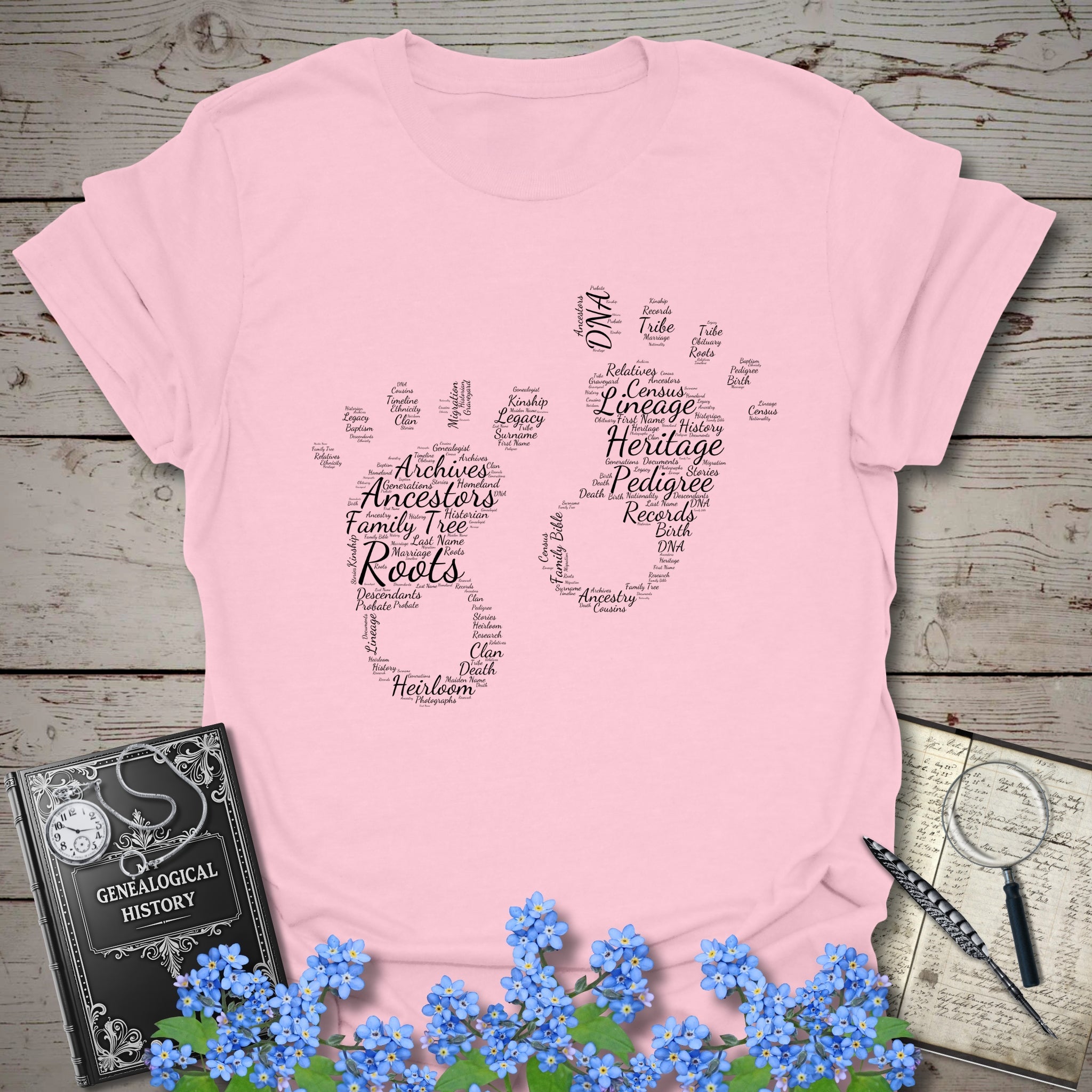Footprints Word Cloud T-Shirt in Light Pink by Genealogy Keepsakes