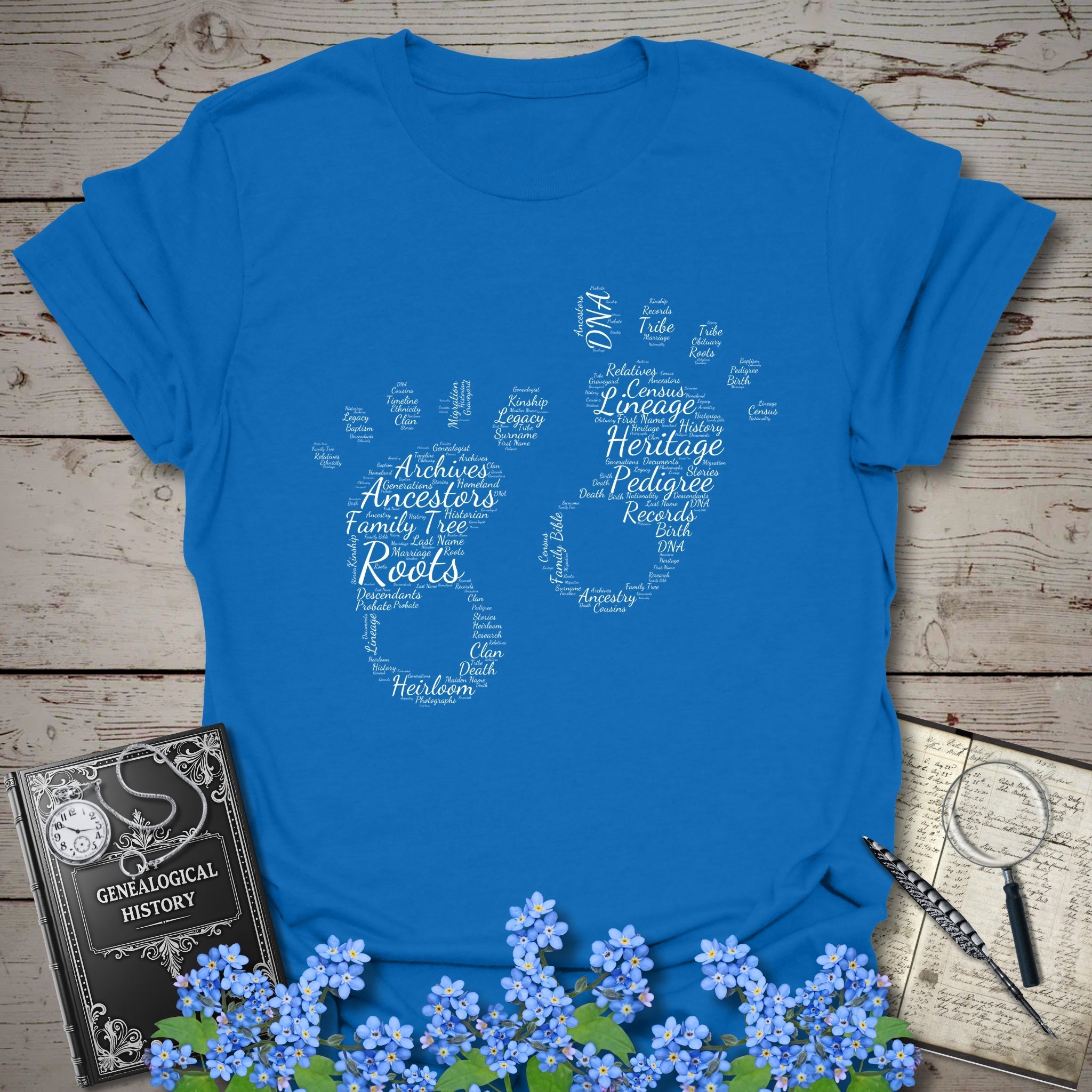 Footprints Word Cloud T-Shirt in Royal by Genealogy Keepsakes