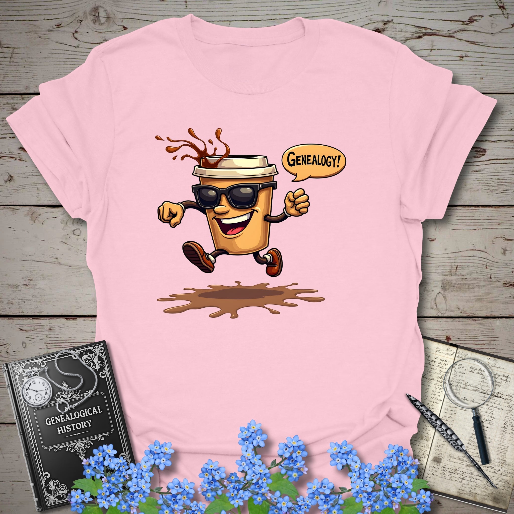 Fueled by Coffee T-Shirt in Light Pink by Genealogy Keepsakes