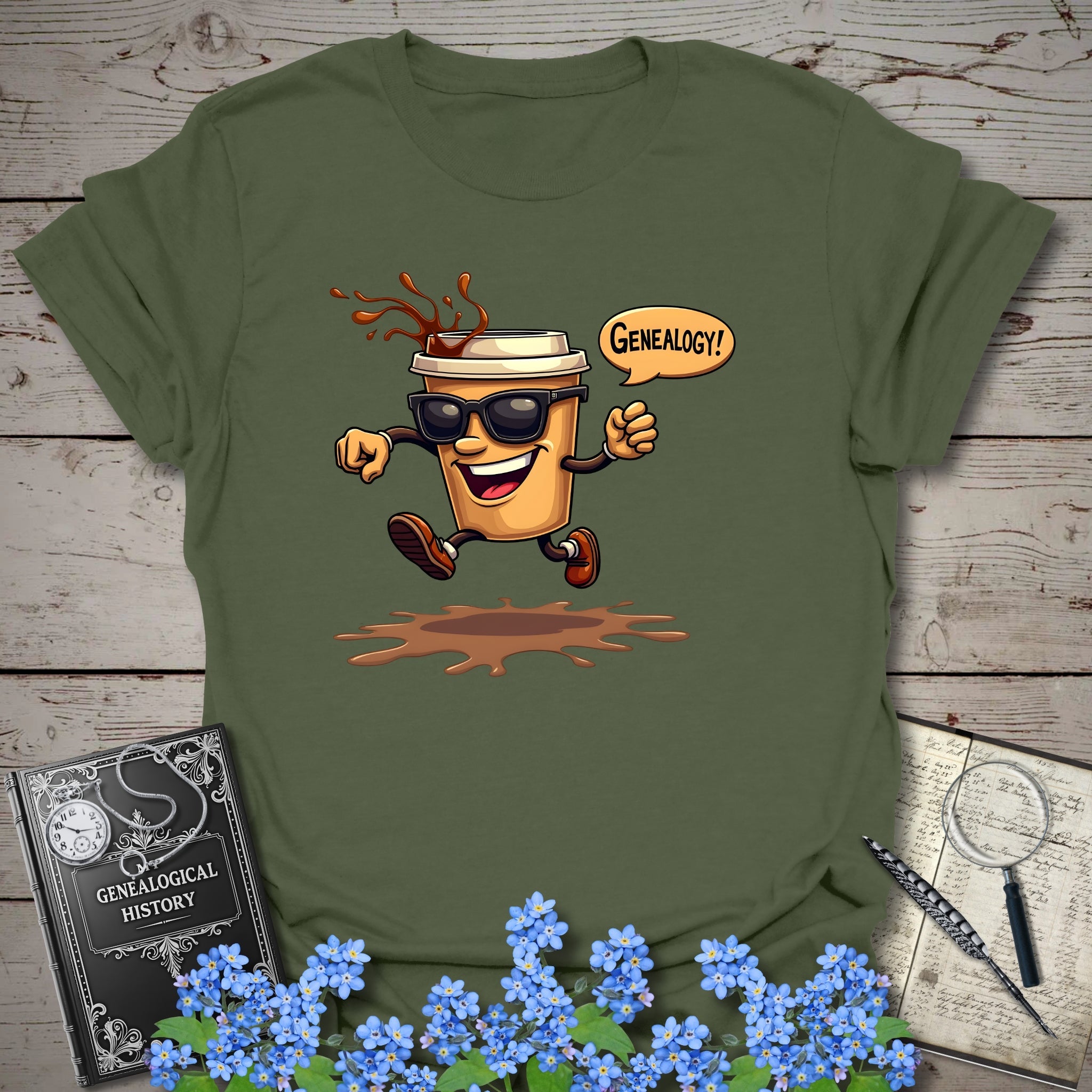 Fueled by Coffee T-Shirt in Military Green by Genealogy Keepsakes