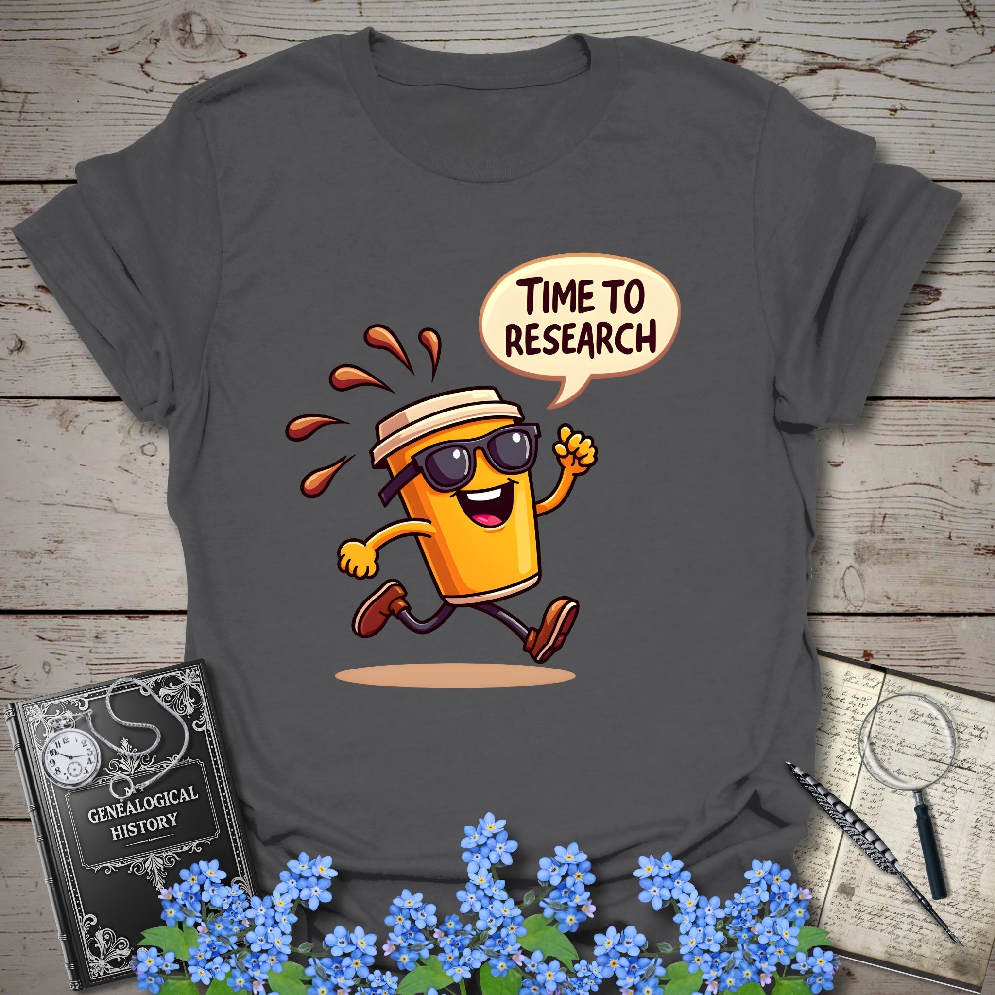 Fuelled For Research T-Shirt in Charcoal by Genealogy Keepsakes