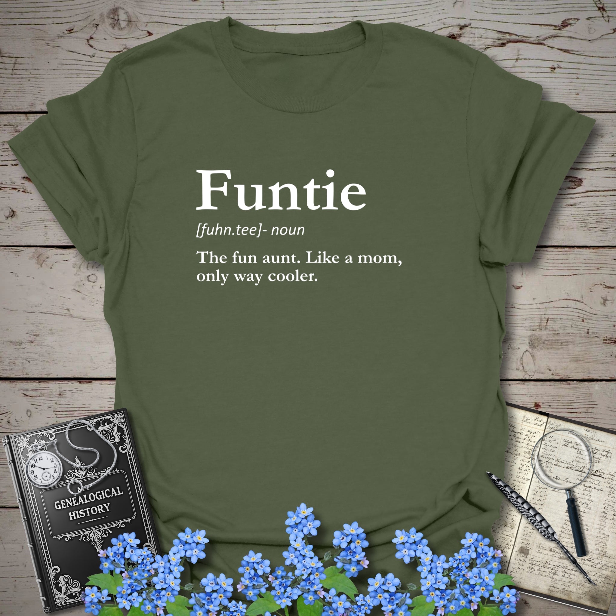FUNTIE – Like a Mom, Only Cooler T-Shirt in Military Green by Genealogy Keepsakes