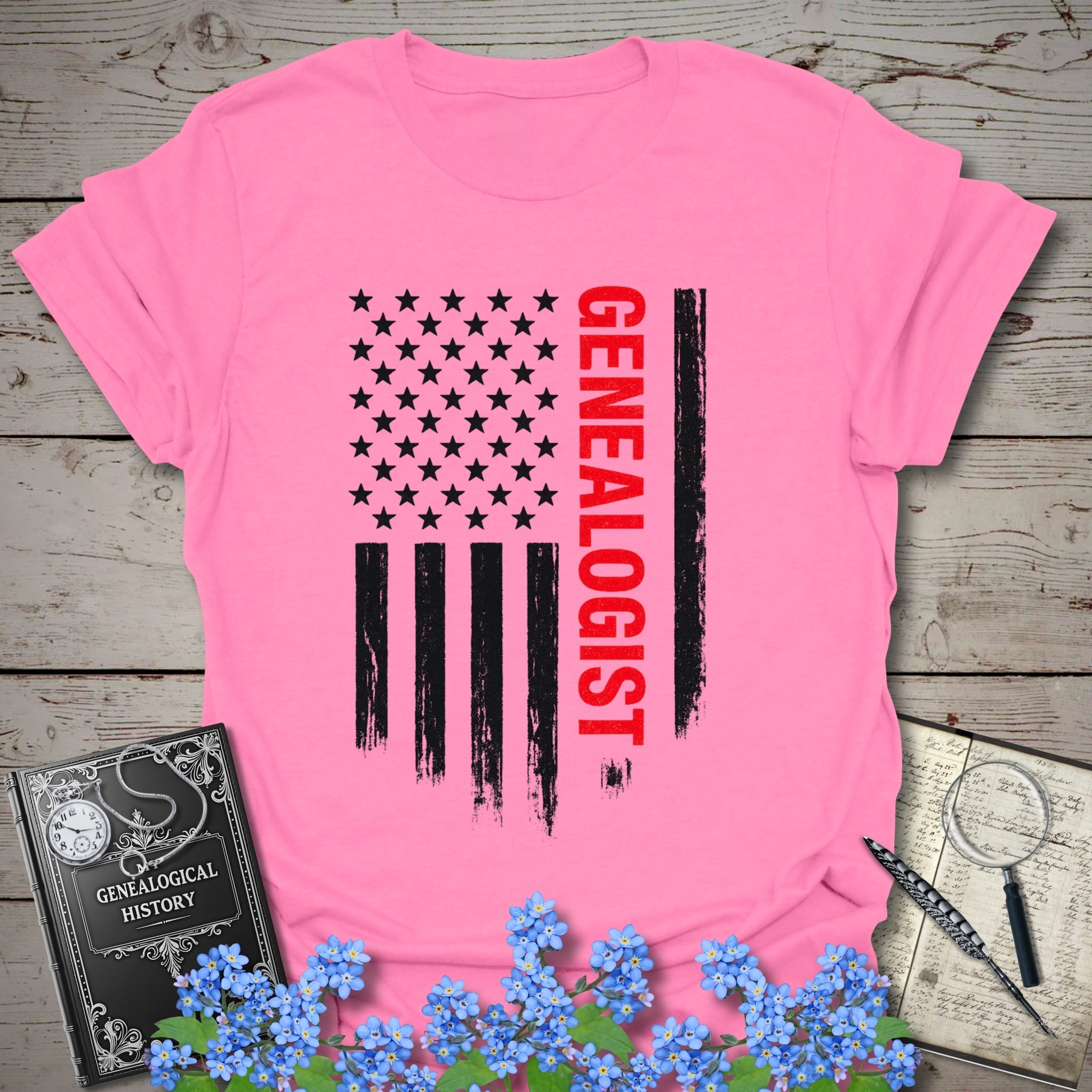 Genealogist American Flag T-Shirt in Azalea by Genealogy Keepsakes