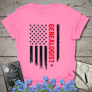 Genealogist American Flag T-Shirt in Azalea by Genealogy Keepsakes