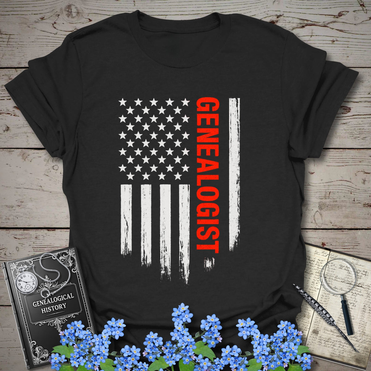 Genealogist American Flag T-Shirt - Genealogy Keepsakes Custom Genealogy Gift - Black S