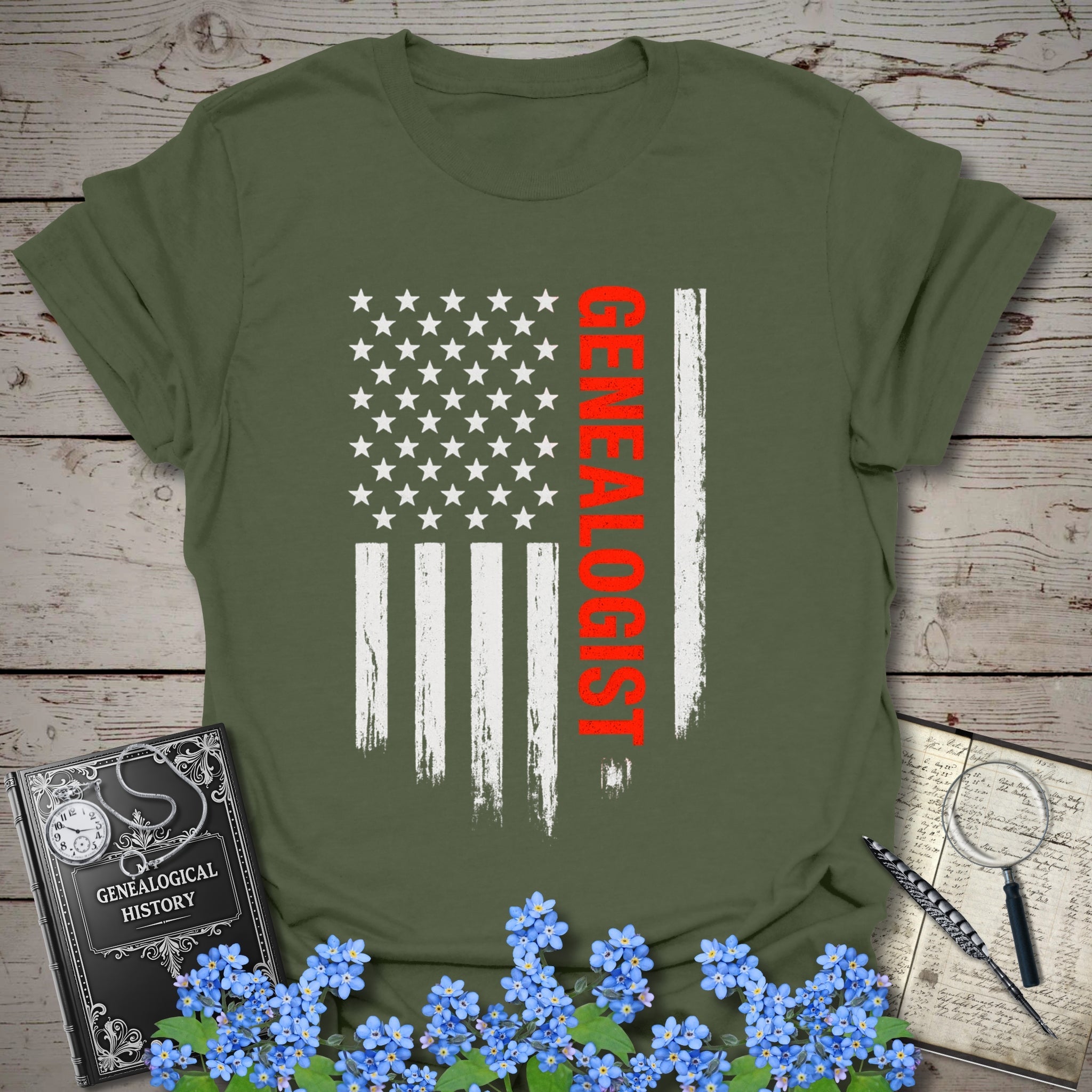 Genealogist American Flag T-Shirt in Military Green by Genealogy Keepsakes