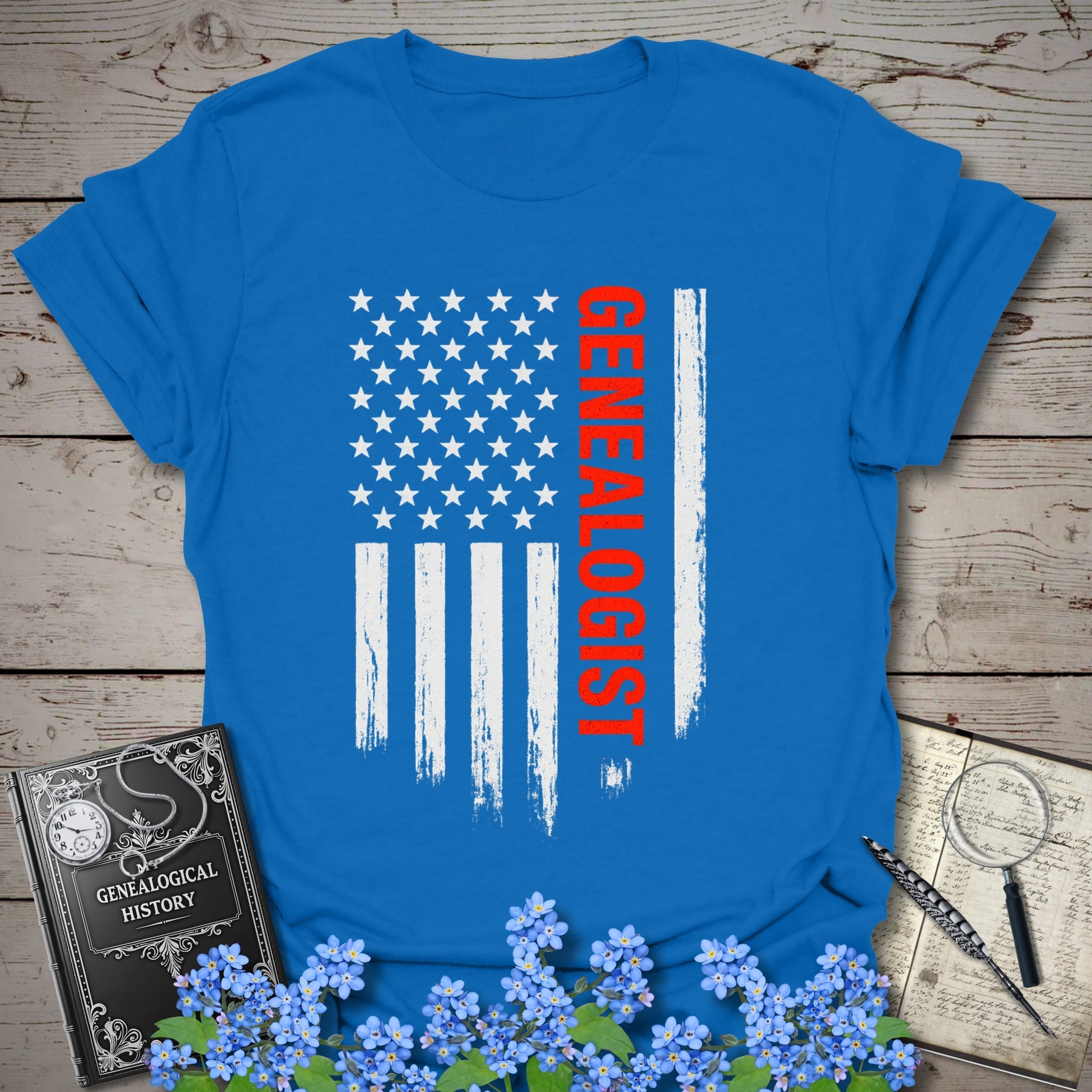Genealogist American Flag T-Shirt in Royal by Genealogy Keepsakes