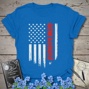 Genealogist American Flag T-Shirt in Royal by Genealogy Keepsakes