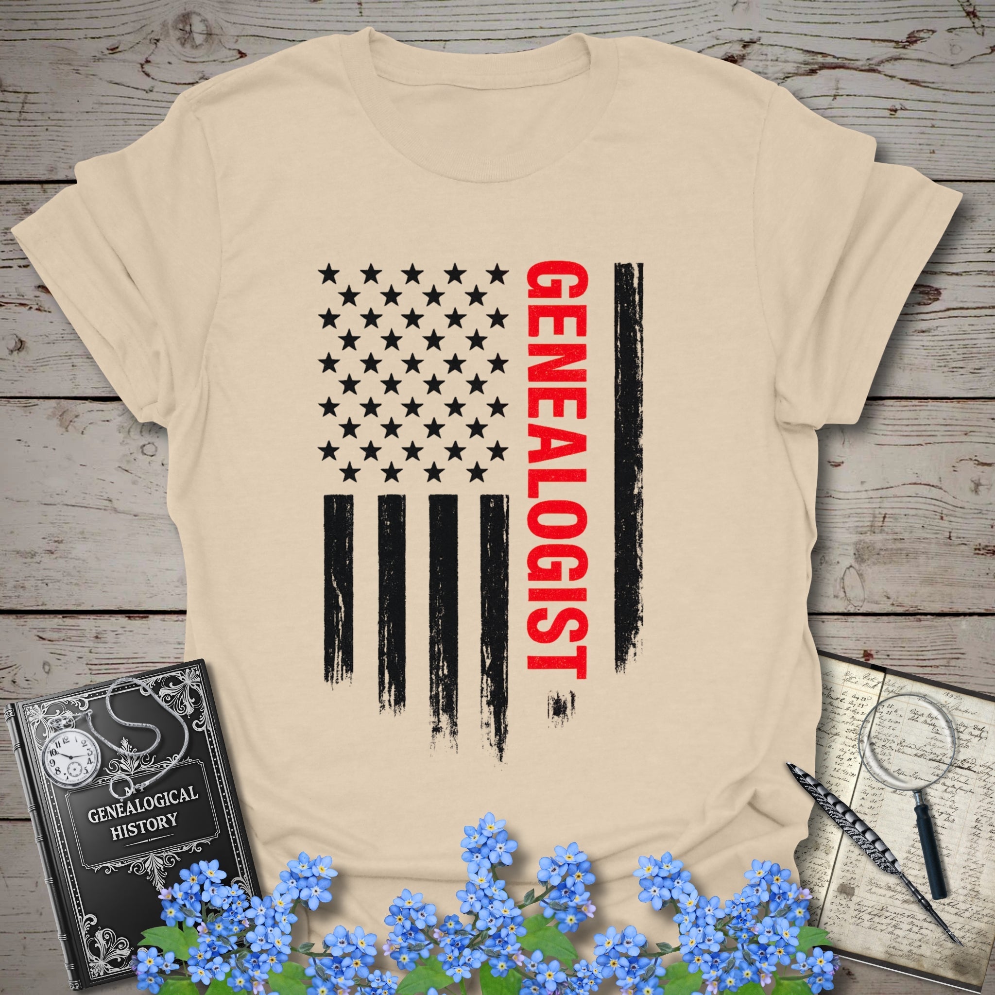 Genealogist American Flag T-Shirt in Sand by Genealogy Keepsakes
