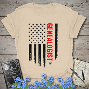Genealogist American Flag T-Shirt in Sand by Genealogy Keepsakes