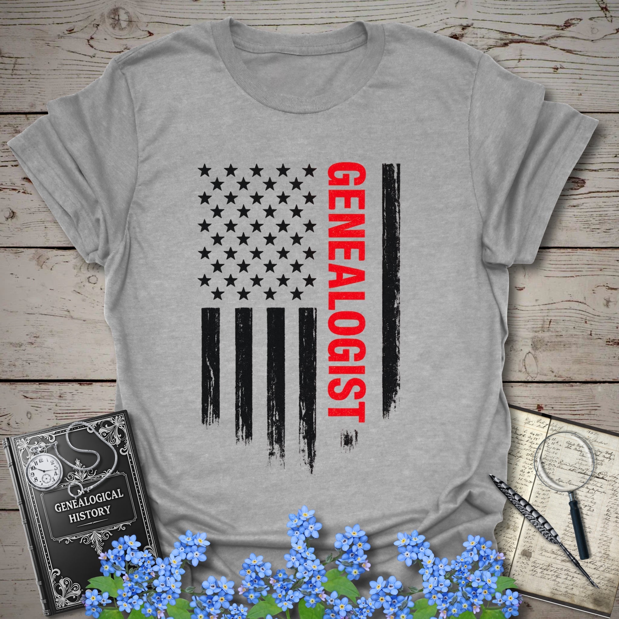 Genealogist American Flag T-Shirt in Sport Grey by Genealogy Keepsakes