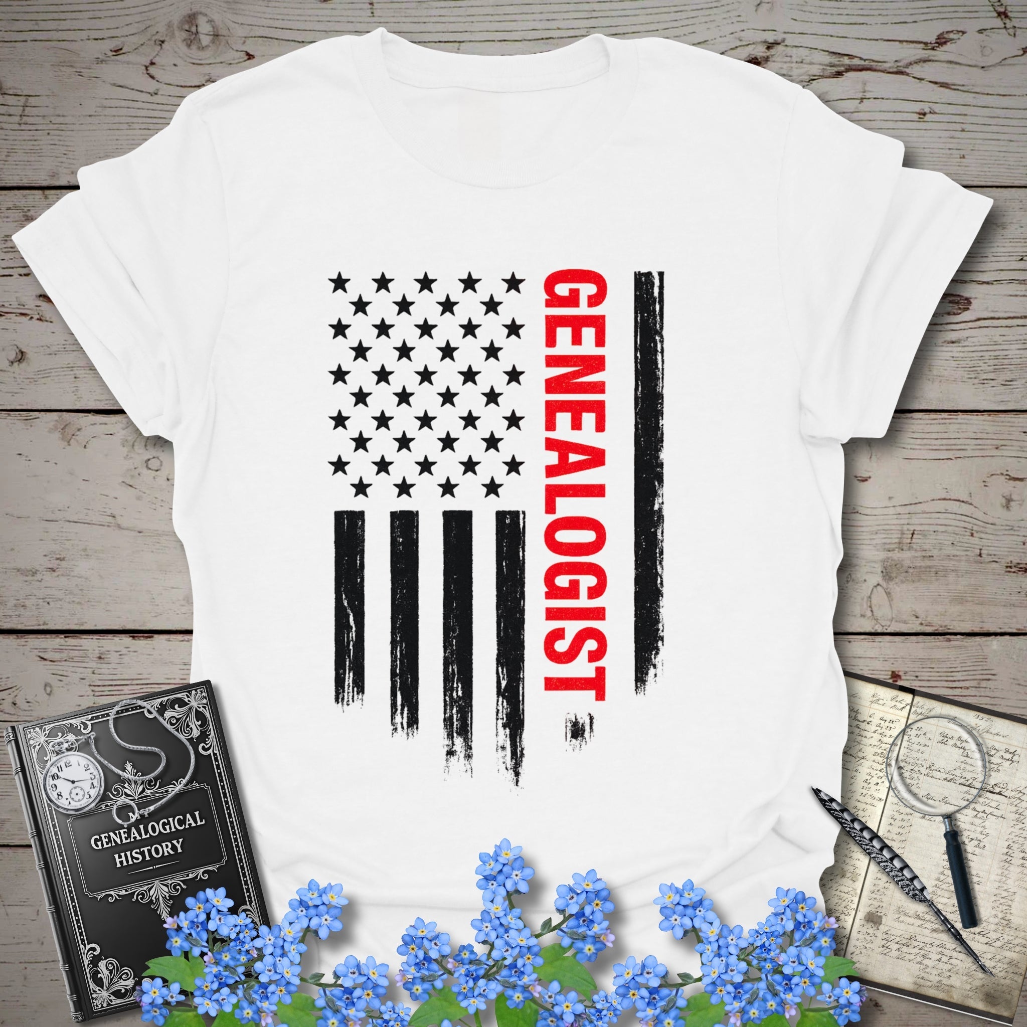 Genealogist American Flag T-Shirt in White by Genealogy Keepsakes