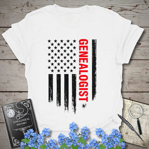 Genealogist American Flag T-Shirt in White by Genealogy Keepsakes