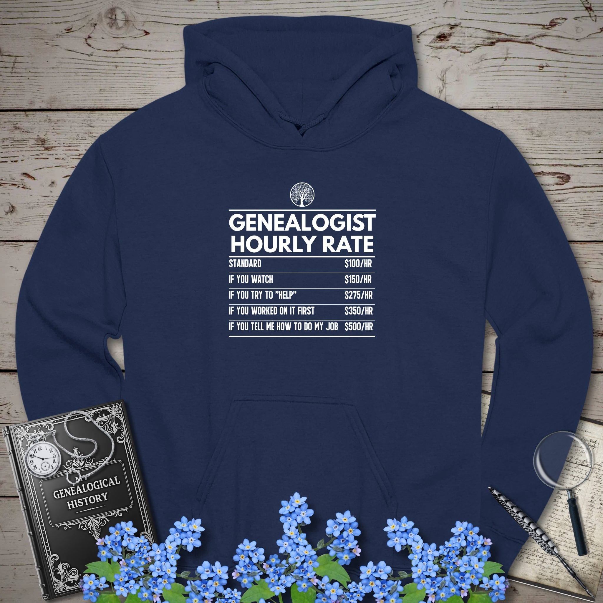 Genealogist Hourly Rate Hoodie in Navy by Genealogy Keepsakes