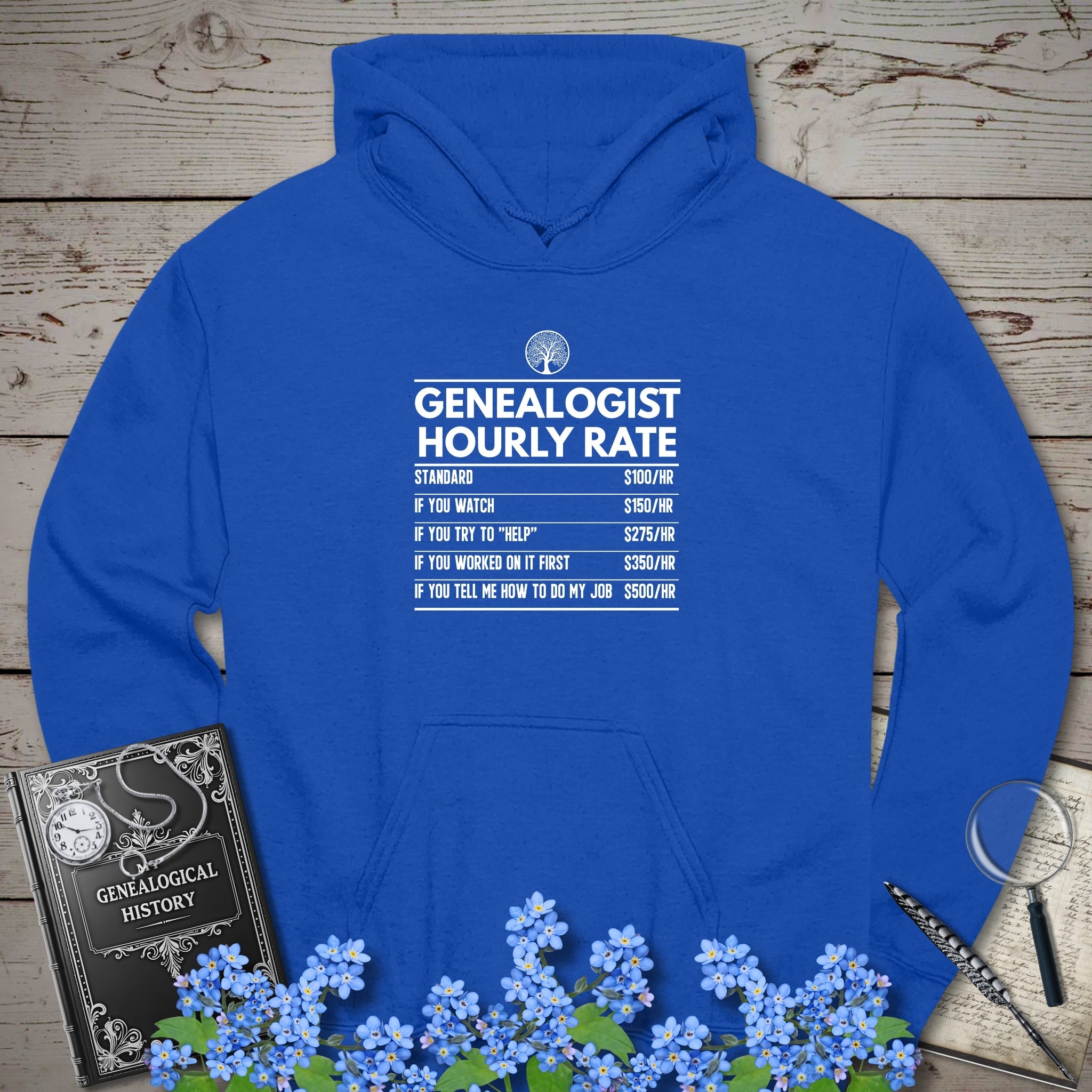 Genealogist Hourly Rate Hoodie in Royal by Genealogy Keepsakes