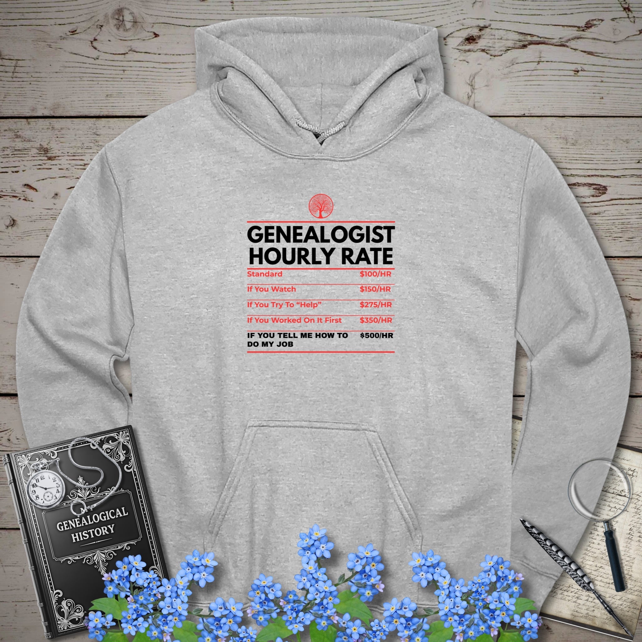 Genealogist Hourly Rate Hoodie in Sport Grey by Genealogy Keepsakes