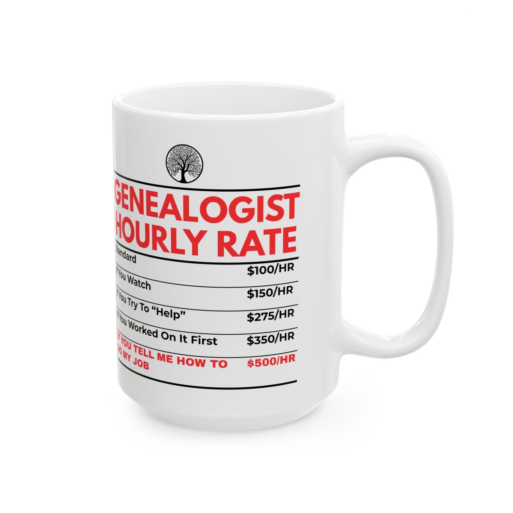 Genealogist Hourly Rate Mug (11oz|15oz) in 15oz by Genealogy Keepsakes