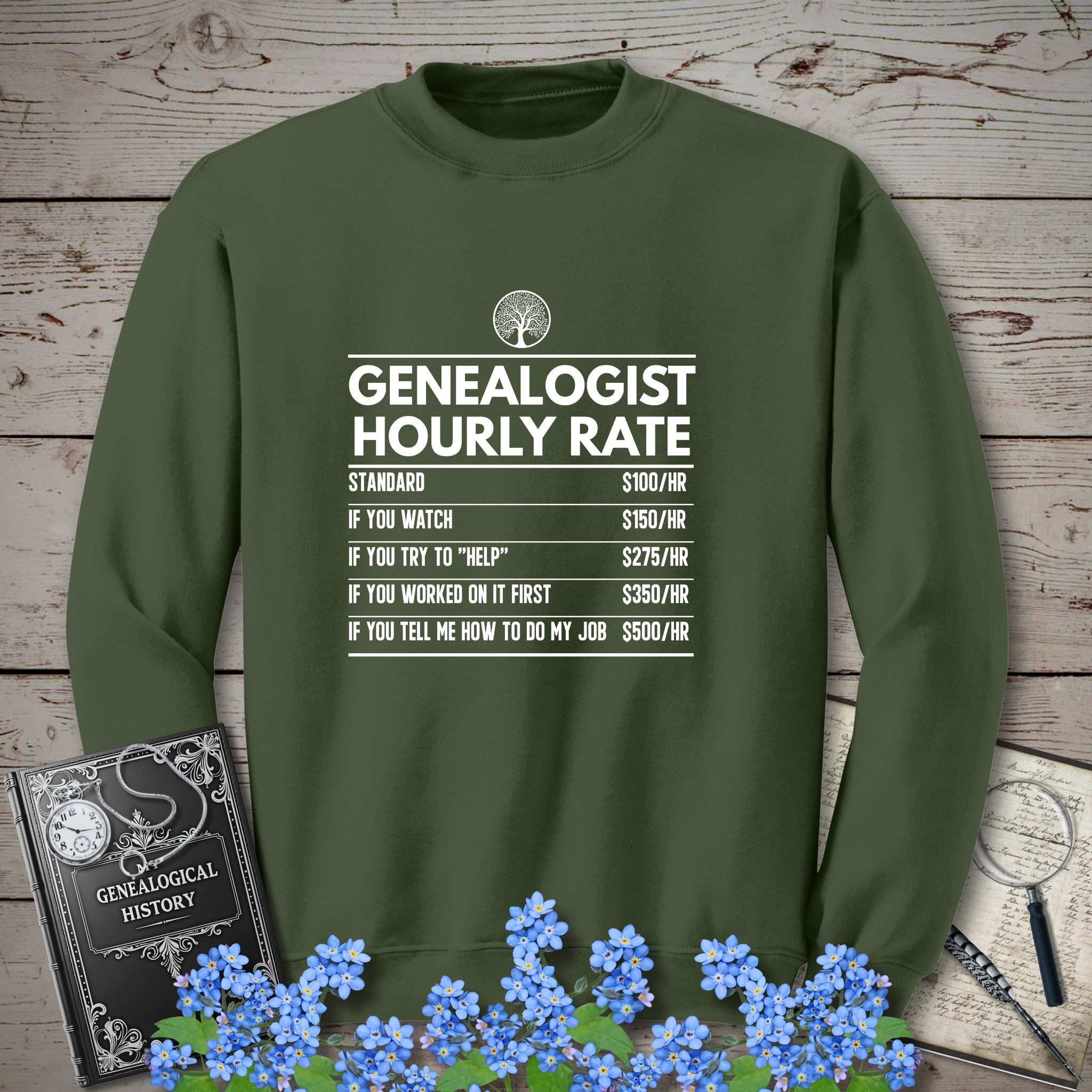 Genealogist Hourly Rate Sweatshirt in Military Green by Genealogy Keepsakes